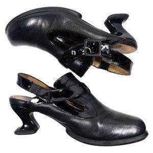 John Fluevog Nandri Black Leather Slingback Buckle Heeled Shoes Womens US 8.5